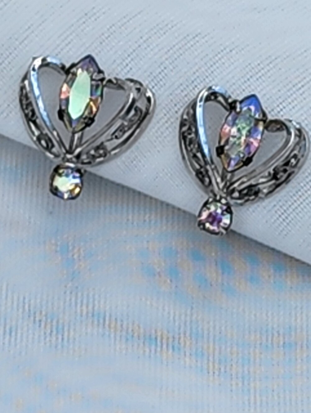 Vintage Sterling Silver Earrings AB Crystal Screw Back Filagree Marquis Aurora
